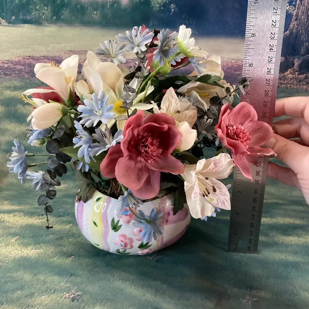 Vintage 90s Shabby Chic Silk Wildflowers in Ceramic Easter Egg-Shaped Vase EUC